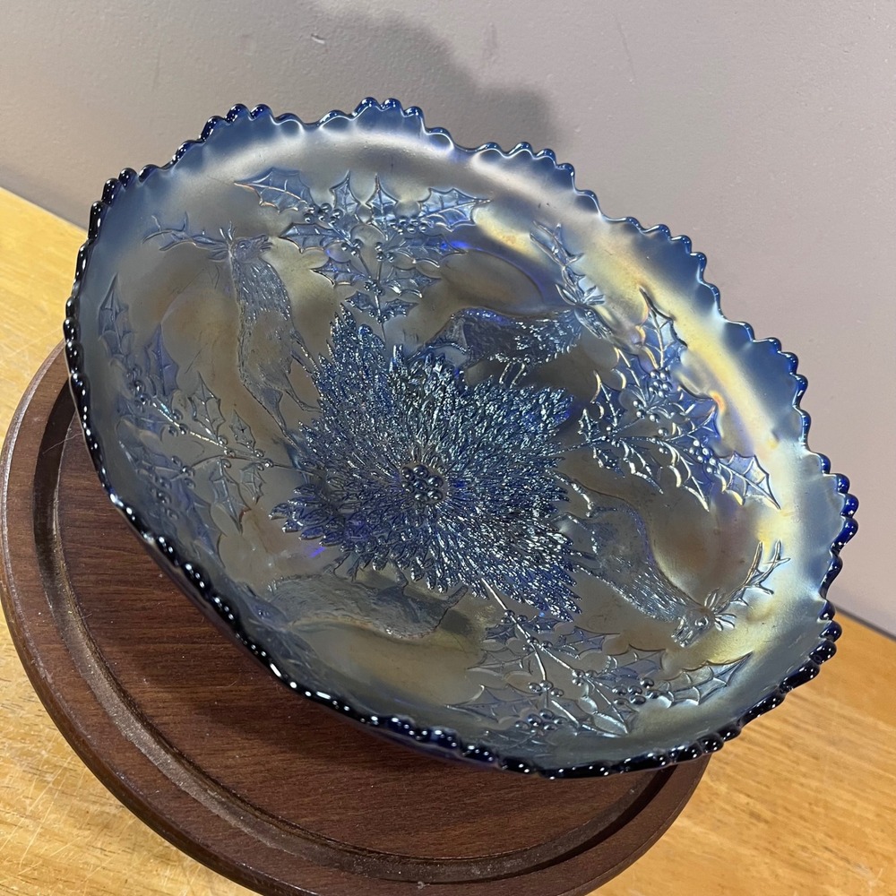 Fenton Stag and Holly Cobalt Blue Carnival Glass Vtg Console Bowl Footed 10"
